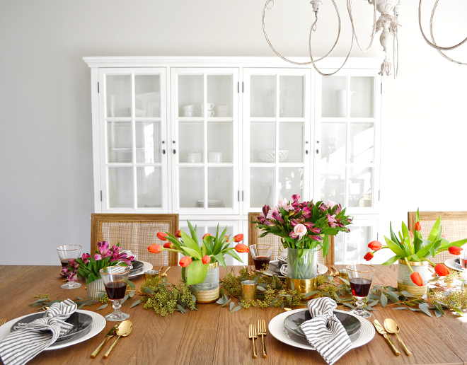 Dining Room Hutch. White Hutch. Farmhouse dining room with white hutch. Cabinet is the Restoration Hardware Hampton Casement 4 Door Glass Sideboard and Hutch in Distressed White. #whitehutch #farmhouse #farmhousediningroom #DiningRoomHutch #DiningRoom #Hutch Beautiful Homes of Instagram @HomeSweetHillcrest