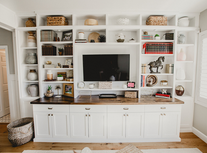 Farmhouse Family Room Media Cabinet-Farmhouse Family Room Media Cabinet-The paint color is Simply White Benjamin Moore- Farmhouse Family Room Media Cabinet #FarmhouseFamilyRoom #MediaCabinet Beautiful Homes of Instagram @house.becomes.home