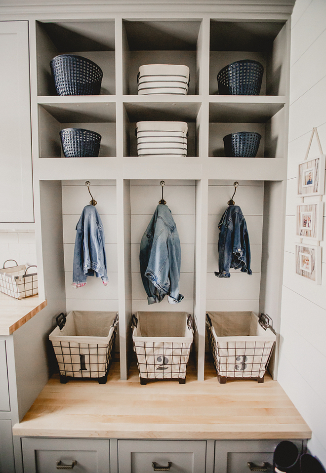 Farmhouse Mudroom with Grey Cabinets Painted in Benjamin Moore Cape May Cobblestone and White Shiplap Painted in Simply White Benjamin Moore #FarmhouseMudroom #GreyCabinets #BenjaminMooreCapeMayCobblestone #WhiteShiplap #Shiplap #Paintcolor #SimplyWhiteBenjaminMoore Beautiful Homes of Instagram @house.becomes.home