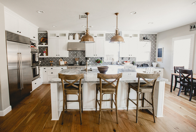 Farmhouse kitchen with cement tile backsplash-Cabinets are custom built maple painted in Simply White by Benjamin Moore - Farmhouse kitchen with cement tile backsplash-Farmhouse kitchen with cement tile backsplash #Farmhousekitchenwithcementtilebacksplash #Farmhousekitchen #cementtilebacksplash #cementtile #backsplash Beautiful Homes of Instagram @house.becomes.home