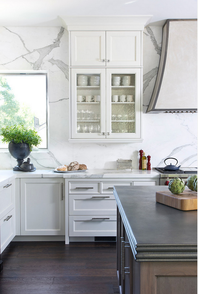 Backsplash and Countertop. The island countertop is 3.75" pewter and the perimeter countertop and wall are both in Calacatta. #Backsplash #Countertop Exquisite Kitchen Design