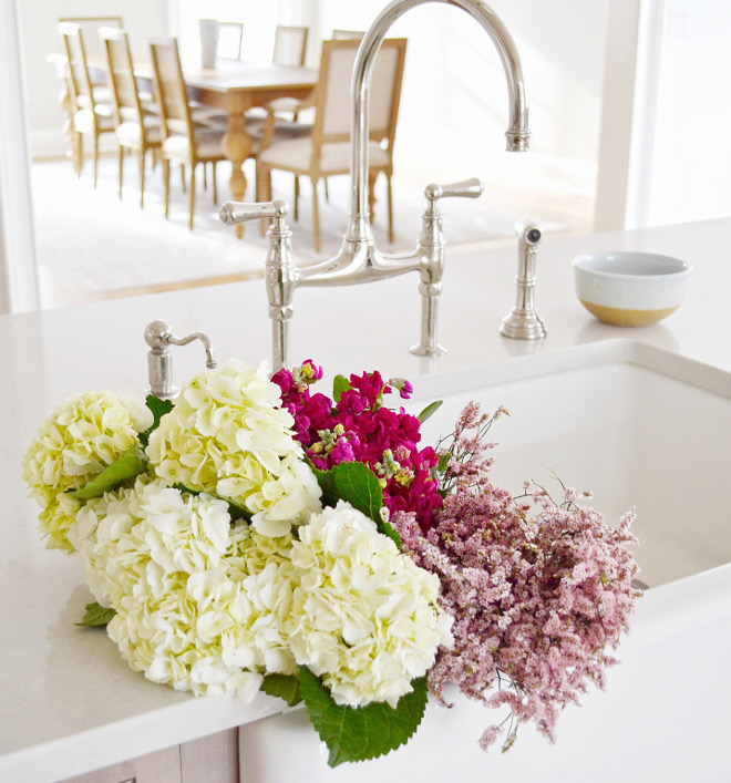 Kitchen Farmhouse Sink. Kitchen Farmhouse Sink. Aside from the lighting, the kitchen faucets are one of my favorite details in our home, they are so pretty! I’m a big believer in spending a little extra for certain pieces that will stand out, and lighting and faucets are where it’s at! Faucet is Perrin and Rowe in Polished Nickel. Kitchen Farmhouse Sink. Kitchen Farmhouse Sink. Kitchen Farmhouse Sink #Kitchen #FarmhouseSink Beautiful Homes of Instagram @HomeSweetHillcrest