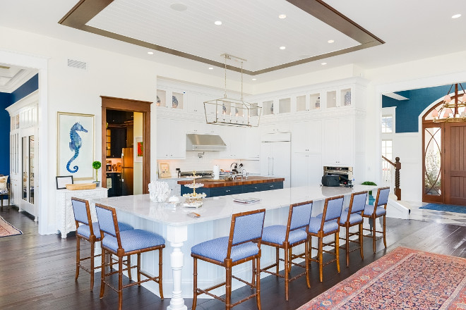 L-Shaped Kitchen Island. I love the idea of having a large l-shaped island and a separated prep-island. This is perfect if you have a large family or like to entertain often. L-Shaped Kitchen Island and prep island. Kitchen features a L-Shaped Kitchen Island and a prep island. L-Shaped Island #LShapedkitchenisland #LShapedisland Echelon Custom Homes