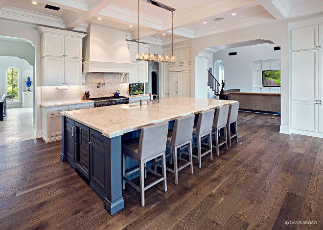 Live Sawn Hardwood Floor-White kitchen with blue island and Live Sawn Hardwood Floor- Live Sawn Hardwood Floor #LiveSawnHardwoodFloor #LiveSawn #HardwoodFloor Oak & Broad