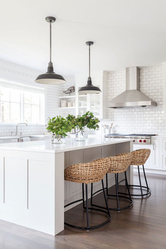 Modern Farmhouse Kitchen Counterstools, This crisp modern farmhouse kitchen features three Palecek Vero counterstools with natural open rattan weave backs Modern Farmhouse Counterstools #ModernFarmhouse #FarmhouseKitchen #ModernFarmhouseKitchen #KitchenCounterstools #Farmhousecounterstool #Counterstools Chango & Co