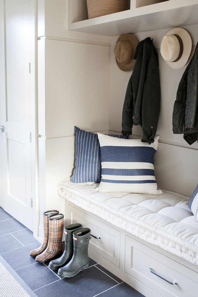 Mudroom Inspiration Light Tan Mudroom Cabinet and slate floor tile Mudroom bench with custom comfy cushion #MudroomInspiration #Mudroom #LightTanCabinet #TanCabinet #MudroomCabinet #slatefloor #slate #slatetile Chango & Co