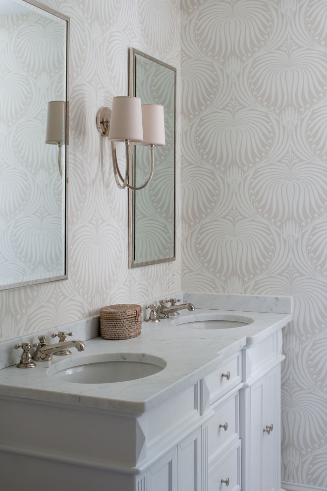 Neutral Bathroom Wallpaper. Bathroom wallpaper is Farrow and Ball. Neutral Bathroom Wallpaper #NeutralBathroomWallpaper #Neutralwallpaper #Farrowandballwallpaper #NeutralWallpaper Anthony Wilder Design/Build, Inc