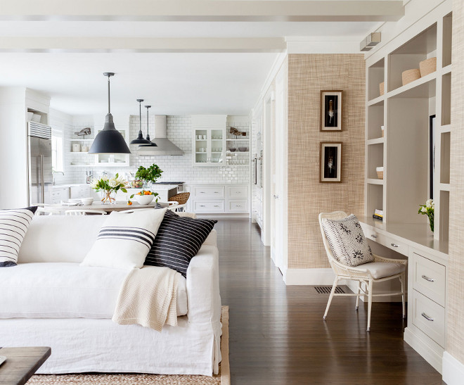 Open family room with custom desk and Phillip Jeffries grasscloth wallpaper #Openfamilyroom #customdesk #desk #PhillipJeffries #grasscloth #wallpaper Chango & Co