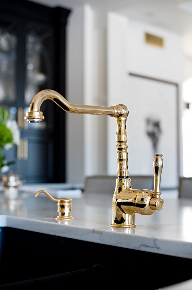 Polished Brass Faucet. Kitchen Polished Brass Faucet. Kitchen Polished Brass Faucet with black sink and marble looking quartz countertop. Kitchen Polished Brass Faucet # KitchenBrassFaucet #PolishedBrassFaucet Sarah St. Amand Interior Design, Inc