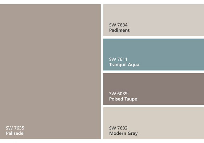 Sherwin Williams SW7635 Palisade, Sherwin Williams SW7634 Pediment, Sherwin Williams SW7611 Tranquil Aqua, Sherwin Williams SW6036 Poised Taupe, Sherwin Williams SW7632 Modern Gray #SherwinWilliamsSW7635Palisade SherwinWilliamsSW7634Pediment #SherwinWilliamsSW7611TranquilAqua SherwinWilliamsSW6036PoisedTaupe SherwinWilliamsSW7632ModernGray