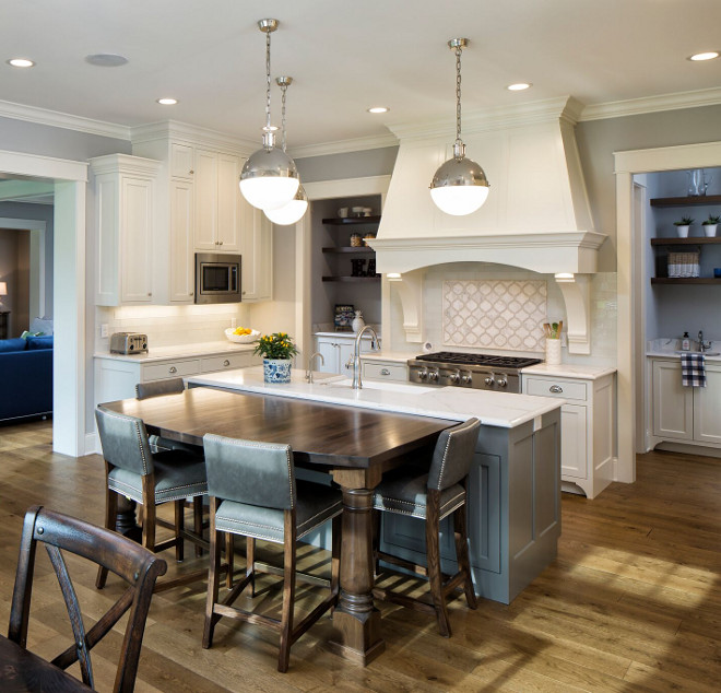 White kitchen with grey kitchen island enameled in Benjamin Moore Chelsea Gray HC-168 - Beautiful White kitchen with grey kitchen island enameled in Benjamin Moore Chelsea Gray HC-168 #Whitekitchen #greykitchenisland #BenjaminMooreChelseaGray #BenjaminMooreHC168 Grace Hill Design