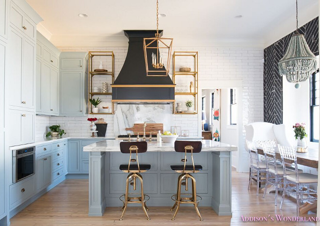Blue kitchen features blue shaker cabinets painted in a custom color, 50% of Sherwin Williams Stardew and 50% Uncertain Gray. Blue kitchen features blue shaker cabinets painted in a custom color, 50% of Sherwin Williams Stardew and 50% Uncertain Gray #Bluekitchen #blueshakercabinets #shakercabinets #SherwinWilliamsStardew #UncertainGraySherwinWilliams Home Bunch's Beautiful Homes of Instagram @addisonswonderland