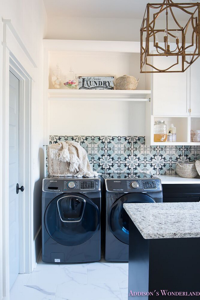 Cement Tile Backsplash. Laundry room Cement Tile Backsplash. Blue and grey Cement Tile Backsplash Laundry room Cement Tile. #CementTile #Backsplash #Laundryroom #CementTilebacksplash #CementTilelaundryroom #BlueandgreyCementTile Home Bunch's Beautiful Homes of Instagram @addisonswonderland