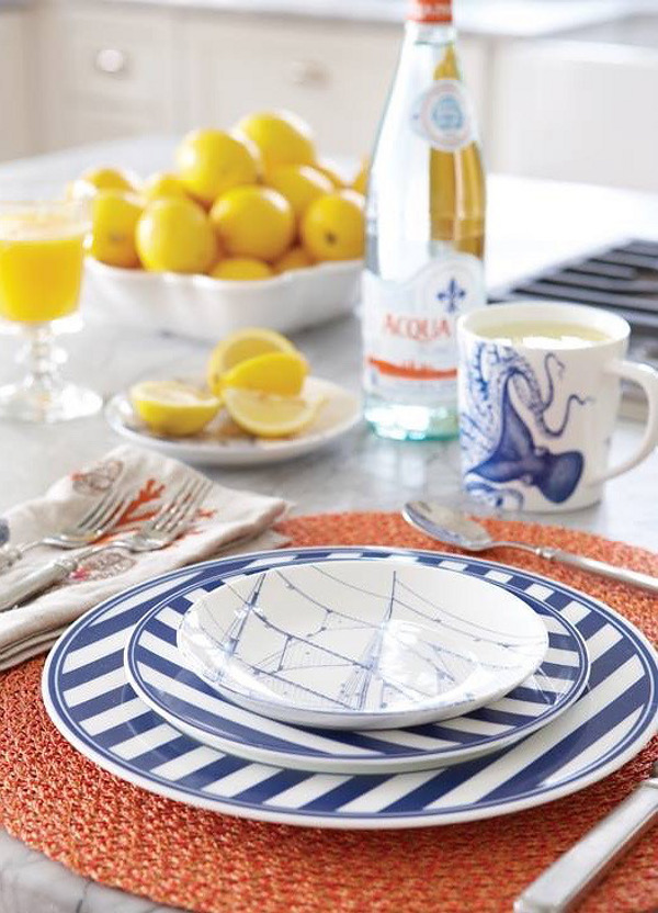 Coastal Dinnerware. Blue and white show up again in the Caskata dinnerware. Nancy Serafini