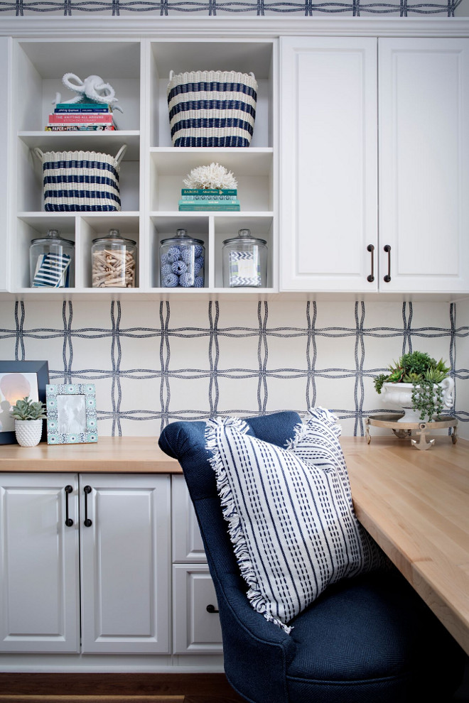 C​raft ​R​oom​. C​raft ​R​oom​ with nautical wallpaper. Gorgeous craft room with built in cabinets and a nautical blue and white wallpaper. Wallpaper is Phillip Jefferies - Why Knot in Navy on White Paperweave. C​raft ​R​oom​ with nautical wallpaper. C​raft ​R​oom​ with nautical wallpaper. #C​raftR​oom​ #nauticalwallpaper #wallpaper Tracy Lynn Studio