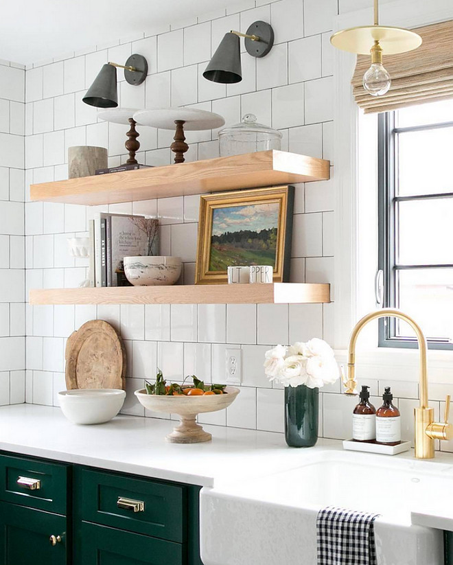 Farmhouse Kitchen Floating Shelves. Modern farmhouse kitchen with chunky floating shelves and white tile backsplash. Farmhouse Kitchen Floating Shelves and white backsplash tile #FarmhouseKitchen #FloatingShelves Studio McGee. 