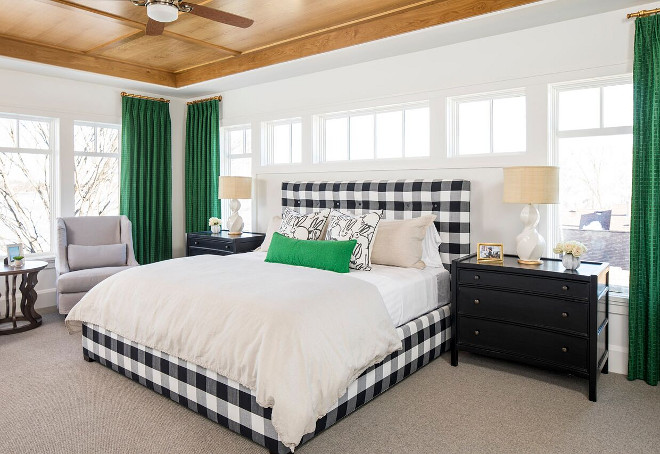 Farmhouse Master bedroom with Buffalo Check fabric bed. This farmhouse inspired master bedroom is full of fresh ideas! I am loving the wire brushed white oak ceiling. Wall paint color is Sherwin Williams SW 7004 Snowbound. Farmhouse Master bedroom with Buffalo Check fabric bed ideas #FarmhouseMasterbedroom #Farmhousebedroom #Farmhousebedroom #BuffaloCheckfabric #BuffaloCheckbed Martha O'Hara Interiors