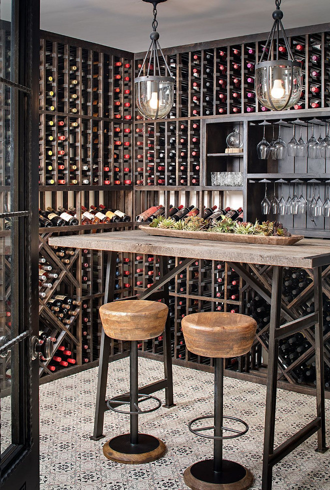 Farmhouse Wine Room. Beautiful Industrial-farmhouse wine room with patterned tile. The patterned tile is Mediterranean 26 tile​ from Tabarka Studio​. Farmhouse Wine Room. Farmhouse Wine Room. Farmhouse Wine Room #FarmhouseWineRoom #Farmhouse #WineRoom #patternedtile #industrial Tracy Lynn Studio