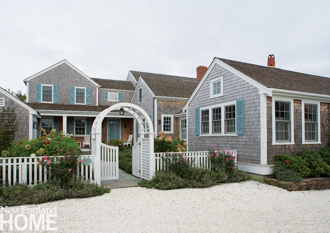 Farrow and Ball Dix Blue. Shingle home with blue shutters. Blue shutters paint color is Farrow and Ball Dix Blue #FarrowandBallDixBlue #blueshutterpaintcolor #blueshutters #paintcolor Nancy Serafini