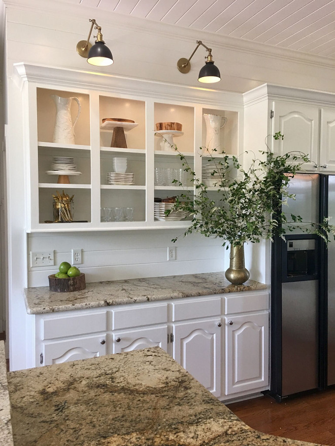 Kitchen Cabinet Sconce Light. Cabinets and shiplap wall in kitchen is Benjamin Moore OC-17 White Dove. Kitchen Cabinet Sconce Light Ideas. Kitchen Cabinet Sconce Light. #Kitchen #Cabinet #SconceLight Beautiful Homes of Instagram @cindimc.ivoryhome