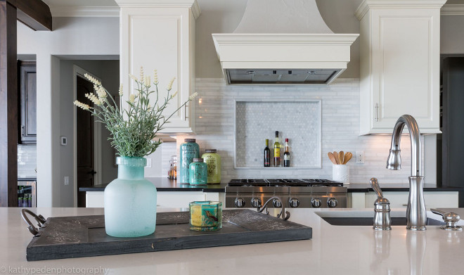 Kitchen Countertop Tray Decor. Kitchen Countertop Tray Decor Ideas. Island features a white quartz countertop - Caesarstone Misty Carrera. Kitchen Countertop Tray Decor #Kitchen #Countertop #TrayDecor Restyle Design, LLC.