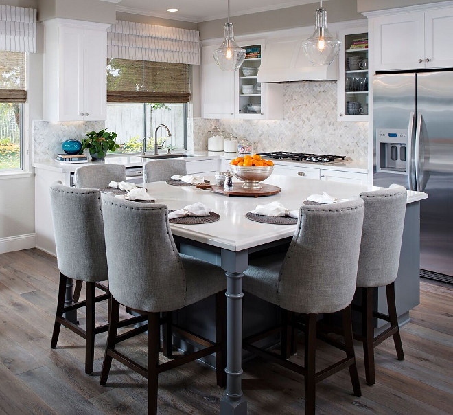 Kitchen herringbone marble backsplash. Kitchen herringbone marble backsplash ideas. Glass pendants are Lamps Plus. Kitchen herringbone marble backsplash tile. #Kitchen #herringbonemarblebacksplash #herringbonemarblebacksplashtile #herringbonebacksplash Tracy Lynn Studio