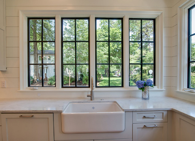 Kitchen window. Kitchen black framed windows, shiplap backsplash and farmhouse sink. Kitchen window. Kitchen Black paned windows with shiplap backsplash and farmhouse sink #Kitchenwindow #Kitchenwindows #Kitchen #Blackpanedwindows #kitchenBlackpanedwindows #shiplap #backsplash #shiplapbacksplash #farmhousesink #blackframedwindows Tammy Coulter Design - Grandfather Homes