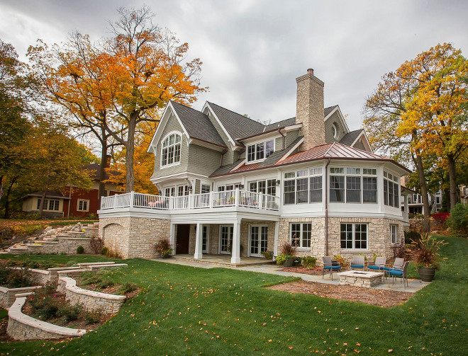 Lake House Backyard. Lake House Backyard Ideas. Natural stone gives a timeless look to the exterior of this home. Lake House Backyard Landscaping. Lake House Backyard #LakeHouseBackyard #LakeHouse #Backyard Lake Geneva Architects