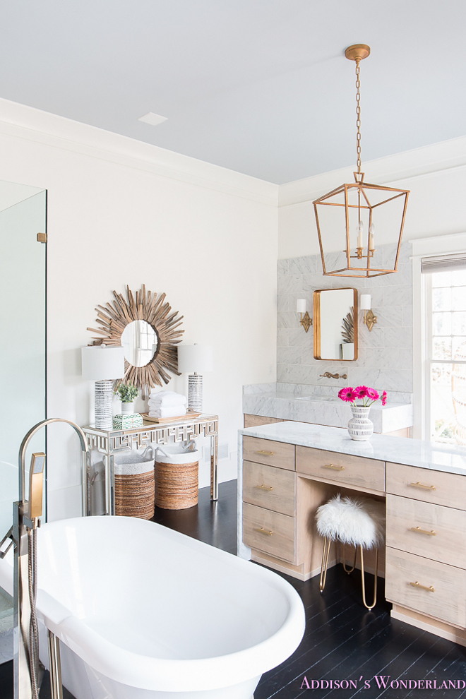 Master bathroom island. Master bathroom island. The master bathroom is truly a dream... I love the natural wood cabinets contrasting with the black hardwood floors and the painted blue ceiling. Master bathroom island. Master bathroom island. Master bathroom island. Master bathroom island #Masterbathroom #bathroomisland Home Bunch's Beautiful Homes of Instagram @addisonswonderland