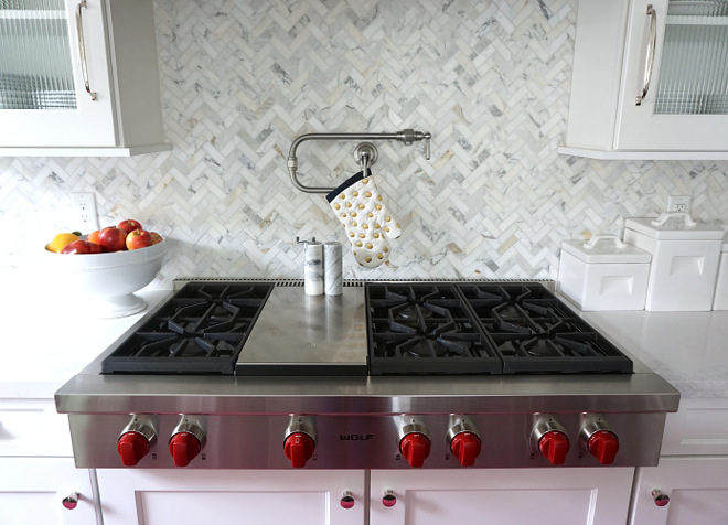 Mini Herringbone marble tile backsplash. The kitchen backsplash is 1x3 Calacatta Gold Marble in herringbone. Kitchen Mini Herringbone marble tile backsplash. Mini Herringbone marble tile backsplash. Mini Herringbone marble tile backsplash. Mini Herringbone marble tile backsplash #MiniHerringboneTile #MiniHerringbonemarble #Herringbonetilebacksplash Beautiful Homes of Instagram @MyHouseOfFour