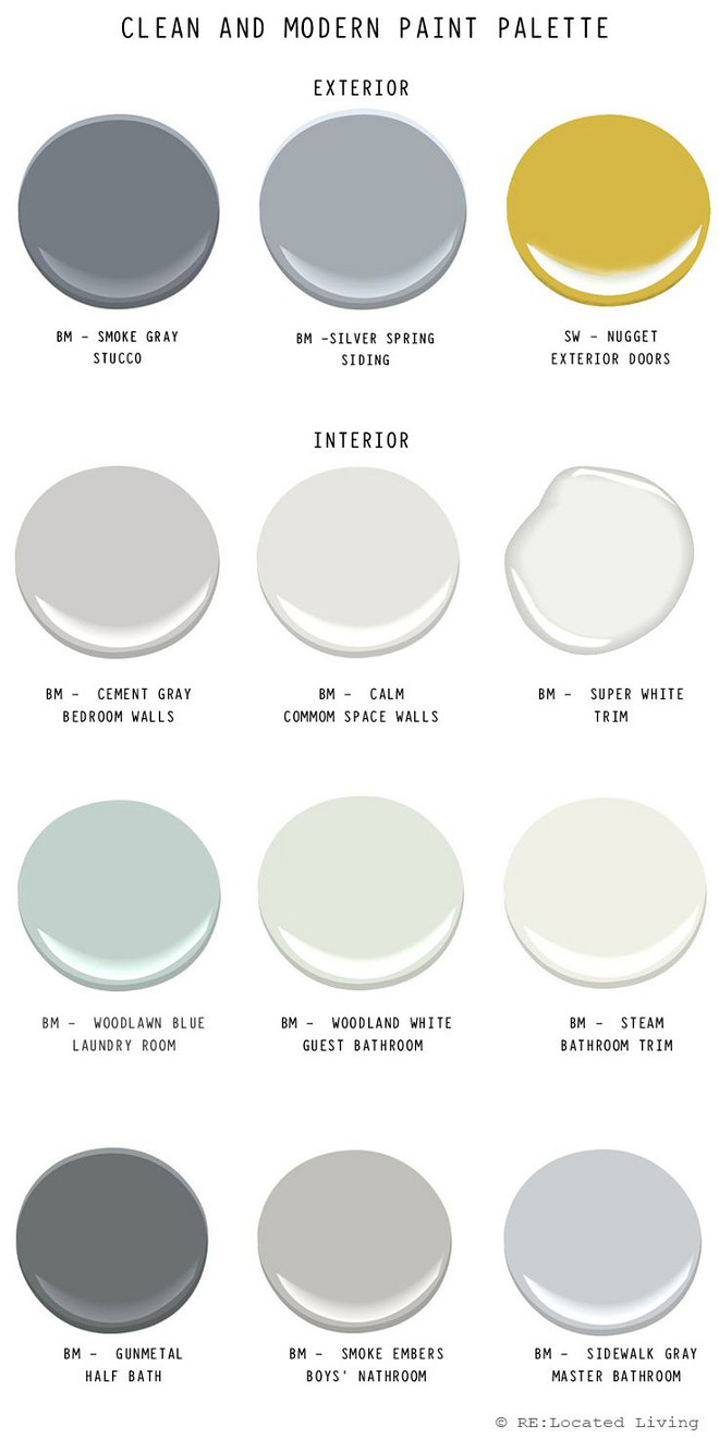 Modern Paint Palette. Exterior Paint Color Palette. Benjamin Moore Smoke Gray. Benjamin Moore Silver Spring. Benjamin Moore Nugget. Benjamin Moore Cement Gray. Benjamin Moore Calm. Benjamin Moore Super White. Benjamin Moore Woodlawn Blue. Benjamin Moore Woodland White. Benjamin Moore Steam. Benjamin Moore Gunmetal. Benjamin Moore Smoke Embers. Benjamin Moore Sidewalk Gray. #ModernPaintPalette #BenjaminMooreSmokeGray #BenjaminMooreSilverSpring #BenjaminMooreNugget #BenjaminMooreCementGray #BenjaminMooreCalm #BenjaminMooreSuperWhite #BenjaminMooreWoodlawnBlue #BenjaminMooreWoodlandWhite #BenjaminMooreSteam #BenjaminMooreGunmetal #BenjaminMooreSmokeEmbers #BenjaminMooreSidewalkGray