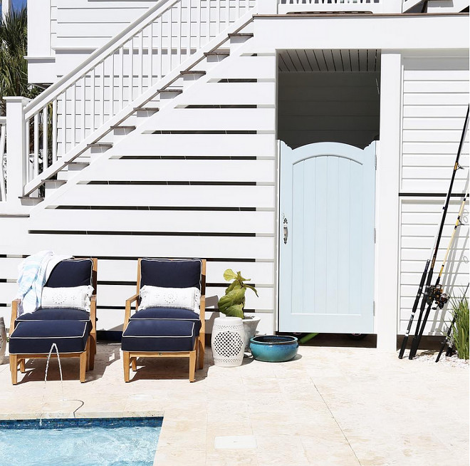 Poolside Shower under deck stairs. Poolside Outdoor Shower and storage under deck stairs. Poolside Shower under deck stairs #Poolside #Shower Old Seagrove Homes