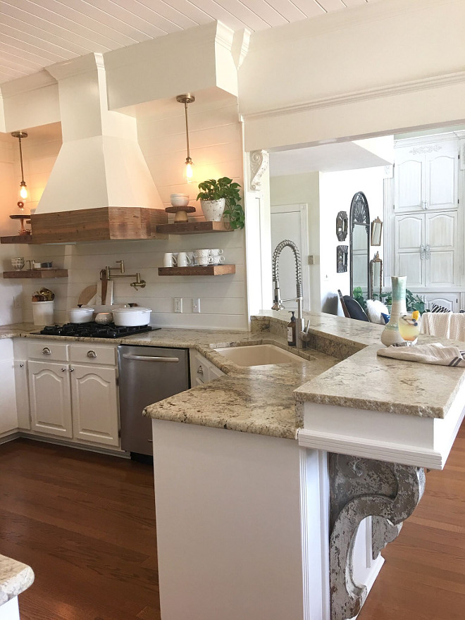 Renovated Kitchen with New Hood and Floating Shelves. The granite is called Beige Spring with leather finish with a chiseled edge. How to refresh your kitchen without breaking the bank ideas. Kitchen Reno. Renovated Kitchen with New Hood and Floating Shelves #Kitchenreno #RenovatedKitchen #hood #FloatingShelves Beautiful Homes of Instagram @cindimc.ivoryhome