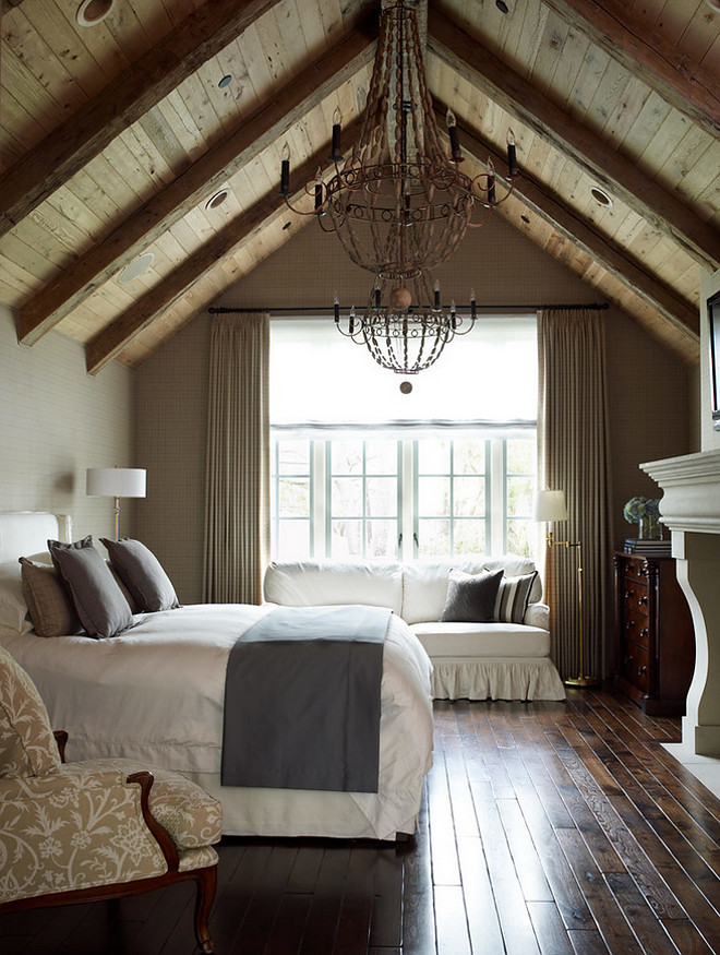 Rustic Shiplap Ceiling. Bedroom rustic vaulvet shiplap ceiling. Rustic Shiplap Ceiling is antique pine. #RusticShiplap #RusticShiplapCeiling #shiplap #shiplapceiling Thompson Custom Homes