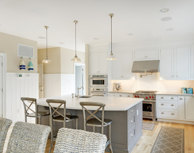 Shaker style kitchen with grey island and wall paneling. Shaker style kitchen with grey island and wall paneling ideas. Shaker style kitchen with grey island and wall paneling #Shakerstylekitchen #Shakerstyle #kitchen #greyisland #wallpaneling Echelon Custom Homes