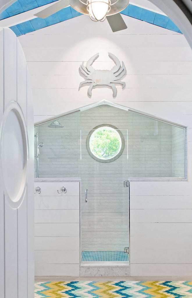 Attic Bathroom. Bathroom with white shiplap walls and turquoise stained ceiling. #Atticbathroom Younique Designs