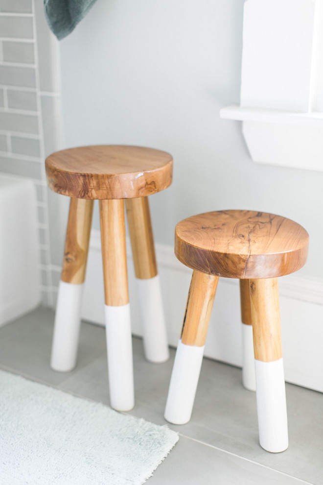 Bathroom Bench. Bathroom Benches. The shower curtain, wood stools and linens are from Serena and Lily. #Bathroom #Bench Home Bunch Beautiful Homes of Instagram @finding__lovely