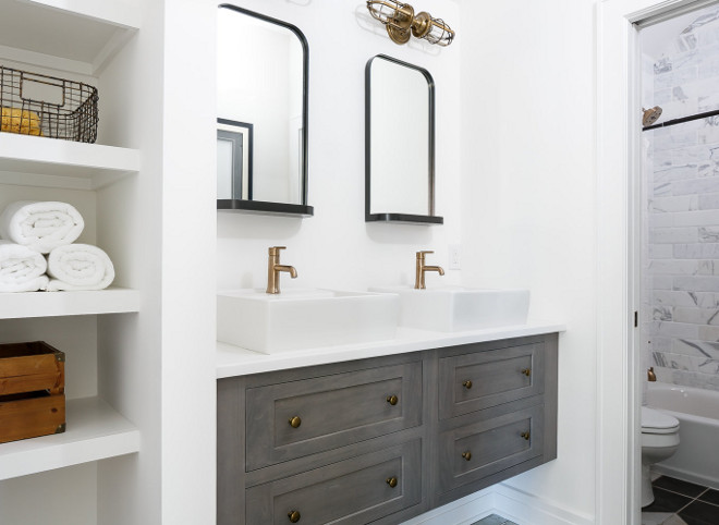 Bathroom Floating Vanity and Storage Niche. Bathroom Floating Vanity and Storage Niche Ideas. Bathroom Floating Vanity and Storage Niche #Bathroom #FloatingVanity #StorageNiche #wallniche #bathroomniche #niche Ramage Company. Leslie Cotter Interiors, LLC