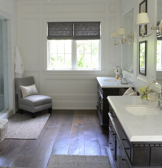 Bathroom Wide Plank Hardwood and Wall Paneling. Our master bath ended up being the nicest surprise of this whole project. It was a long space that we had difficulty designing and I was worried that it would not come together. We decided to add wood panels on every wall and that made all the difference. It warmed up the space and created a clean yet warm look that I now love! Bathroom Wide Plank Hardwood and Wall Paneling Ideas. Bathroom Wide Plank Hardwood and Wall Paneling. Bathroom Wide Plank Hardwood and Wall Paneling #Bathroom #WidePlank #Hardwood #WidePlankFloors #WallPaneling Beautiful Homes of Instagram @SanctuaryHomeDecor