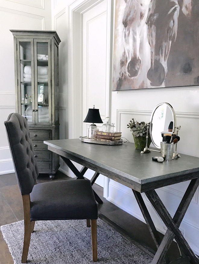 Bathroom make-up vanity. We chose not to add any built-ins other than the custom vanities, so I had to go furniture shopping for our bathroom right after we moved in! Linen cabinet is Restoration Hardware Beautiful Homes of Instagram @SanctuaryHomeDecor