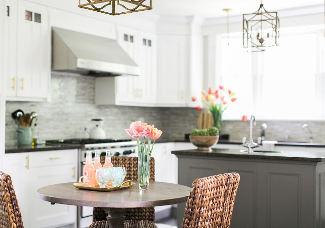 Before and After Kitchen Renovation Ideas. You won't believe how this kitchen used to look. Some paint really goes a long when when it comes to kitchen renovation. The white color (Benjamin Moore Chantilly Lace) made the kitchen so much lighter while the grey island (Benjamin Moore Chelsea Gray) provided depth and interest. I painted all the baseboard and trim in the same BM Chantilly Lace. #beforeandafter #beforeandafterkitchen #kitchenreno #kitchenrenovation Home Bunch Beautiful Homes of Instagram @finding__lovely