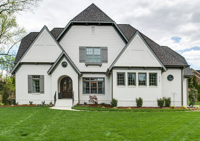 Grey Exterior Color Scheme Benjamin Moore Classic Gray. Grey brick exterior paint color. Grey shutters paint color. Grey exterior trim paint color. Grey exterior paint color The brick was painted Benjamin Moore's Classic Gray. The trim and shutters were painted Benjamin Moore Chelsea Gray. Benjamin Moore Classic Gray #BenjaminMooreClassicGray #greyexterior #paintcolor #greytrim #greyshutters #greybrick #GreyExteriorColorScheme #ColorScheme #ExteriorColorScheme Tammy Coulter Design