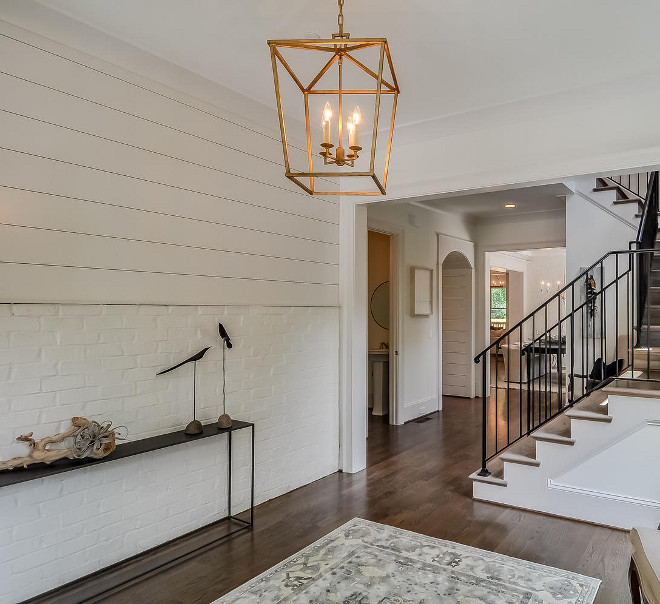 Brick and Shiplap Wall Treatment. Modern farmhouse foyer with painted white brick and shiplap accent wall. White Brick and Shiplap Wall Treatment. Foyer White Brick and Shiplap Wall Treatment #Brick #Shiplap #WhiteBrick #WhiteShiplap #ShiplapwallTreatment #brickwallshiplap #Foyerwalltreatment #WhiteBrickfoyer #brickfoyer #Shiplapfoyer Domaine Development