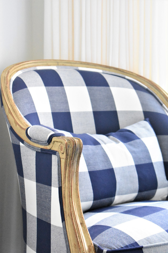 Buffalo check fabric chair. Chair is Ballard Designs Regency in custom Clark and Clark buffalo check fabric. Chair buffalo check fabric #buffalocheck #buffalocheckfabric #buffalocheckchair Kate Abt Design