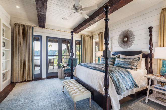 Coastal Farmhouse bedroom with shiplap walls, reclaimed beams, built in shelves and teal accents #coastalfarmhouse #farmhouse #bedroom #shiplap #reclaimedbeams #teal #decor Wright Design