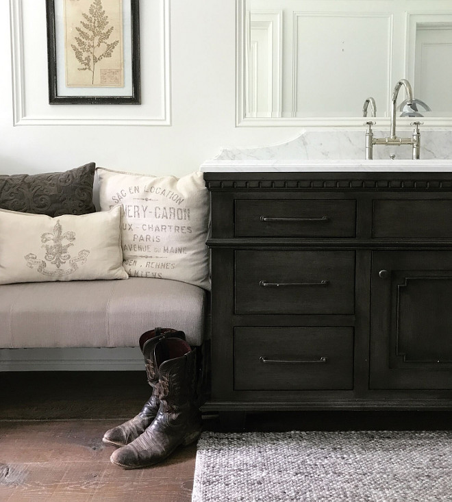 Farmhouse Bathroom Vanity. Farmhouse Bathroom Vanity Ideas. Rather than stone flooring, we continued the wood floors into the bathroom. This helped to achieve the warm cottage feel we wanted and kept this bath from becoming too formal. Vanity is custom. Farmhouse Bathroom Vanity #FarmhouseBathroomVanity #BathroomVanity Beautiful Homes of Instagram @SanctuaryHomeDecor