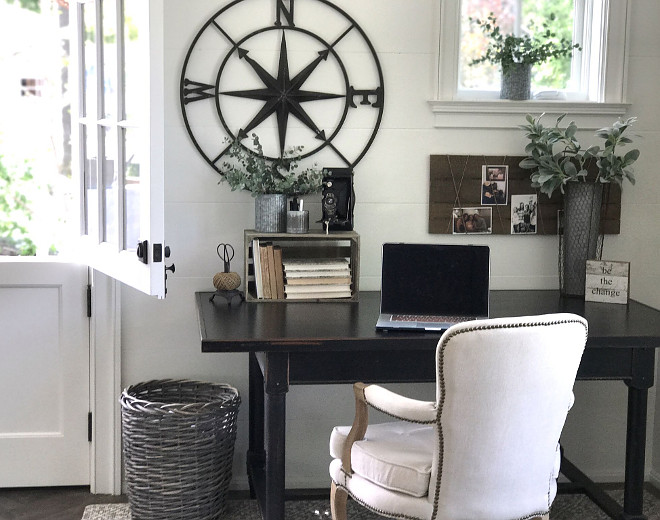 Farmhouse Home Office. Farmhouse Home Office with shiplap walls. Paint Color is Benjamin Moore Swiss Coffee #FarmhouseHomeOffice #shiplap #farmhouse #homeoffice Beautiful Homes of Instagram @SanctuaryHomeDecor