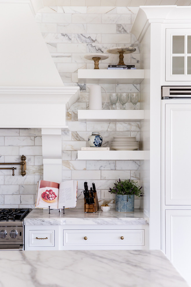 Floating Shelves against Carrara marble subway tile. Kitchen with Floating Shelves against Carrara marble subway tile. Kitchen with Floating Shelves against Carrara marble subway tile Backsplash #Kitchen #FloatingShelves #kitchenshelves #Carraramarble #marblesubwaytile #backsplash Pink Peonies Rachel Parcell's Kitchen