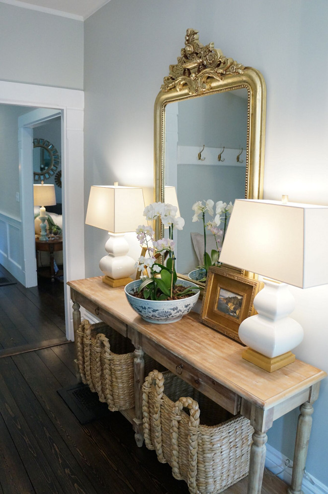 Foyer Console Table and Baskets. The entry is a relatively tight squeeze but I really wanted an entry table. This one from World Market is thin and long. A perfect addition to the space. I jazzed it up with ring pulls and matching large seagrass baskets. It’s topped with matching Visual Comfort lamps and a Restoration Hardware mirror. Foyer Console Table Basket ideas. Foyer Console Table and Baskets Foyer Console Table and Baskets. Foyer Console Table and Baskets #Foyer #ConsoleTable #Baskets Home Bunch Beautiful Homes of Instagram @finding__lovely