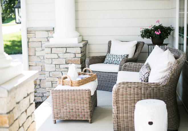 Front Porch Wicker Furniture Ideas. The porch furniture is by Summer Classics. Front Porch Wicker Furniture. Front Porch Wicker Furniture Ideas #FrontPorch #WickerFurniture Bria Hammel Interiors